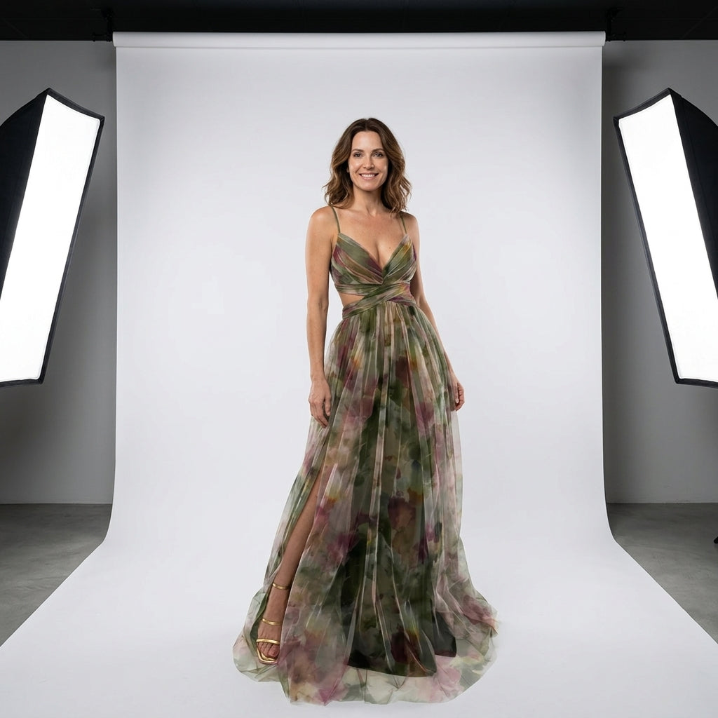 Vestido Belle Époque verde con estampado floral, tirantes finos y abertura frontal