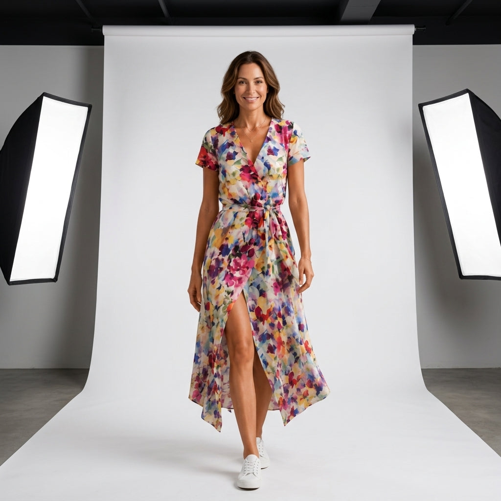 Vestido Fleur d'Été estampado watercolor multicolor, escote cruzado y falda asimétrica