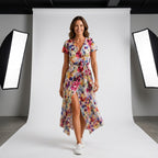 Vestido Fleur d'Été estampado watercolor multicolor, escote cruzado y falda asimétrica