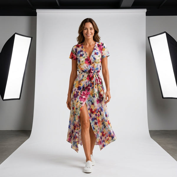 Vestido Fleur d'Été estampado watercolor multicolor, escote cruzado y falda asimétrica