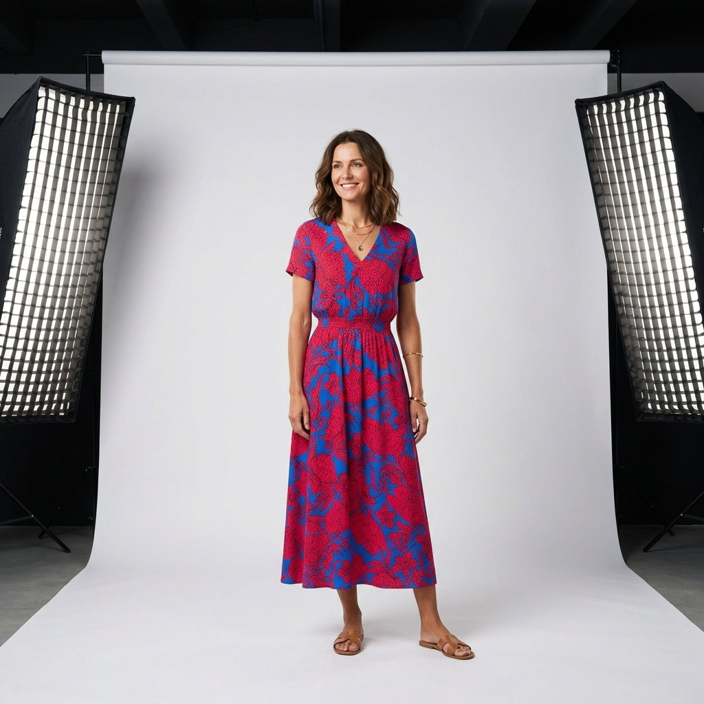 Vestido Fleur d'Été azul con flores rojo-azules, escote en V y cinturón fruncido
