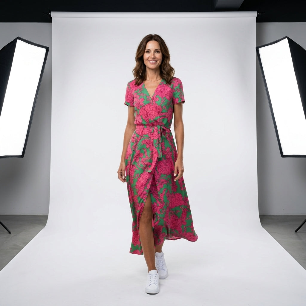 Vestido Fleur d'Été verde con estampado tropical, escote en V y cinturón con lazo