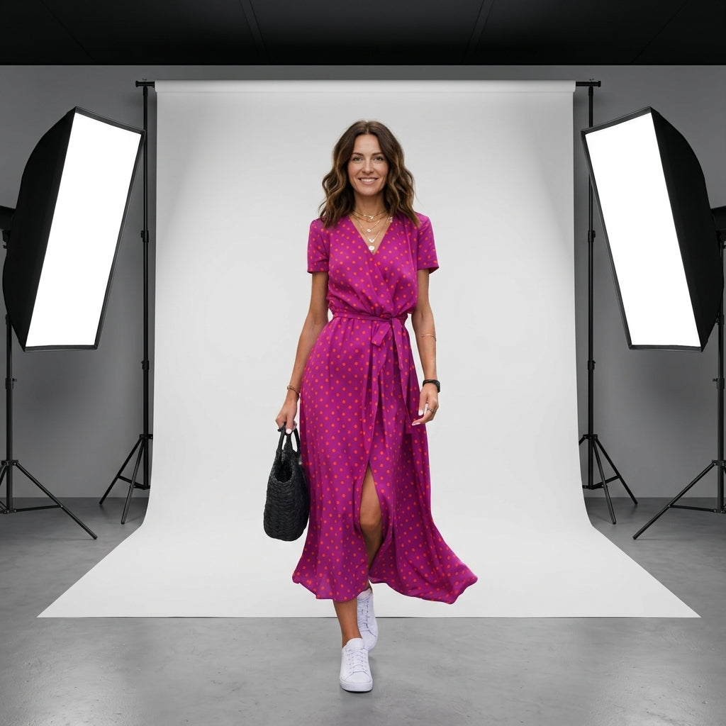 Vestido Fleur d'Été fucsia con lunares, escote en V y abertura central