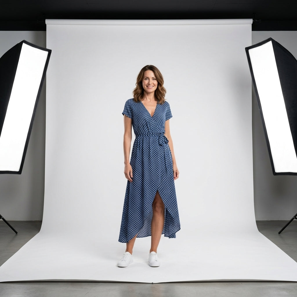 Vestido Fleur d'Été azul con lunares blancos, escote en V y falda cruzada