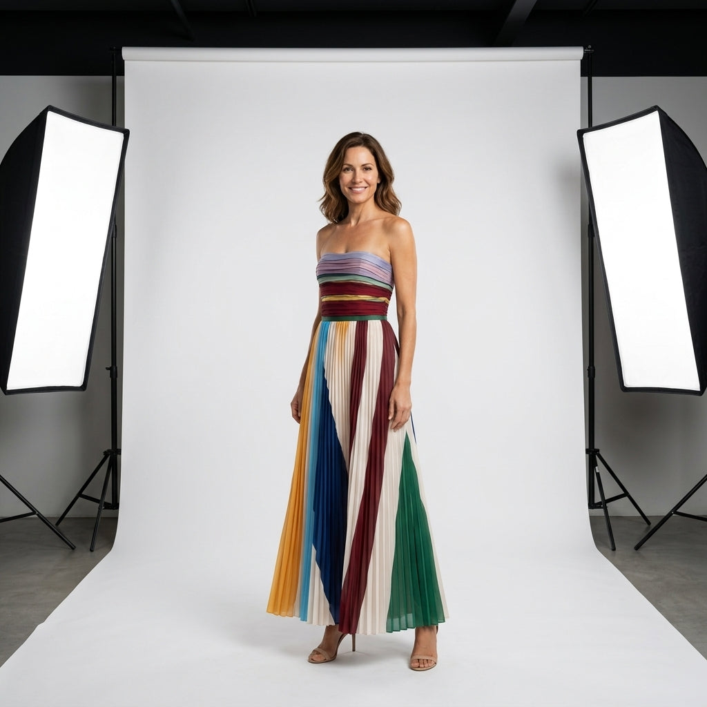Vestido largo bandeau con franja multicolor superior y falda plisada.