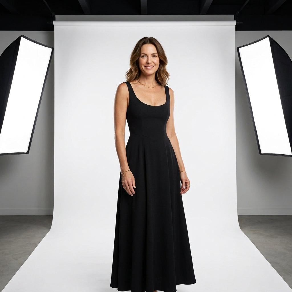 Vestido negro sin mangas, escote cuadrado y falda midi con vuelo.