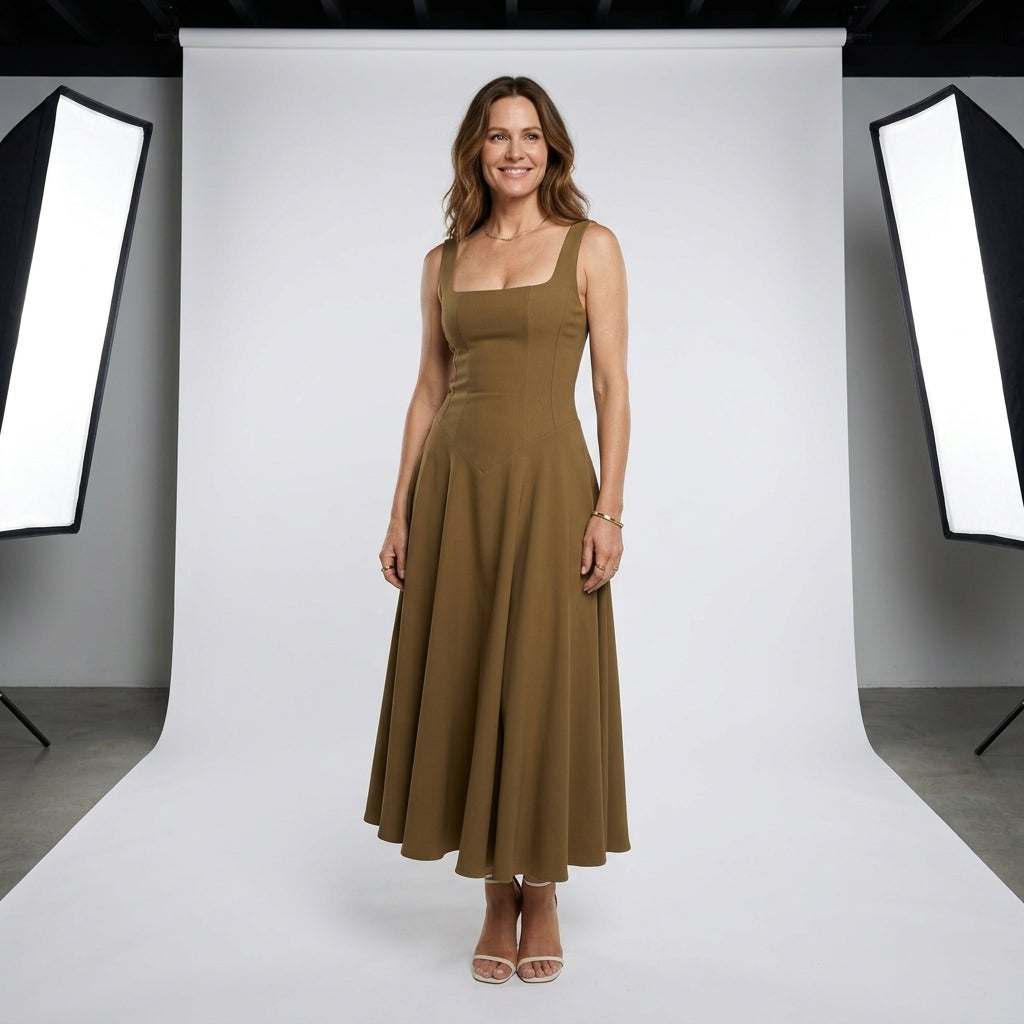 Vestido sin mangas marrón con escote cuadrado y falda midi acampanada.