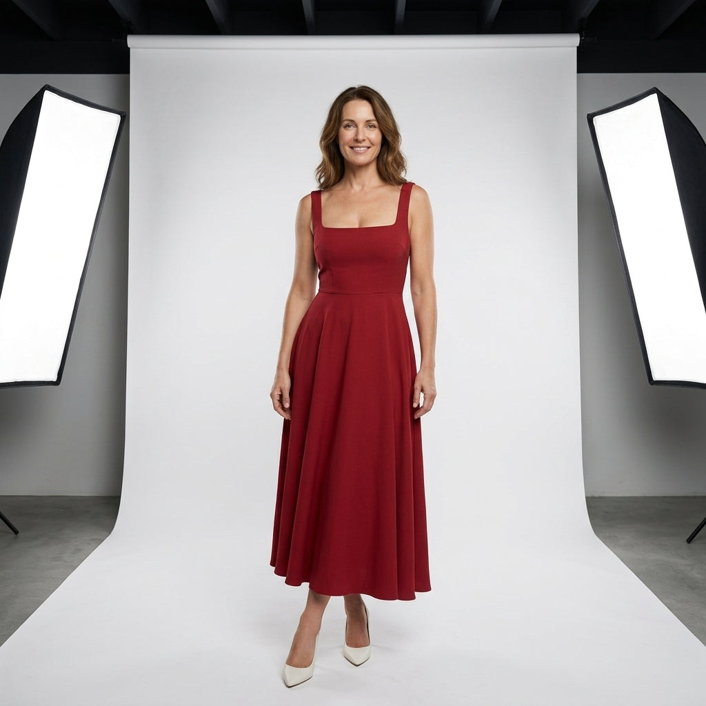 Vestido sin mangas rojo con escote cuadrado y falda midi acampanada.