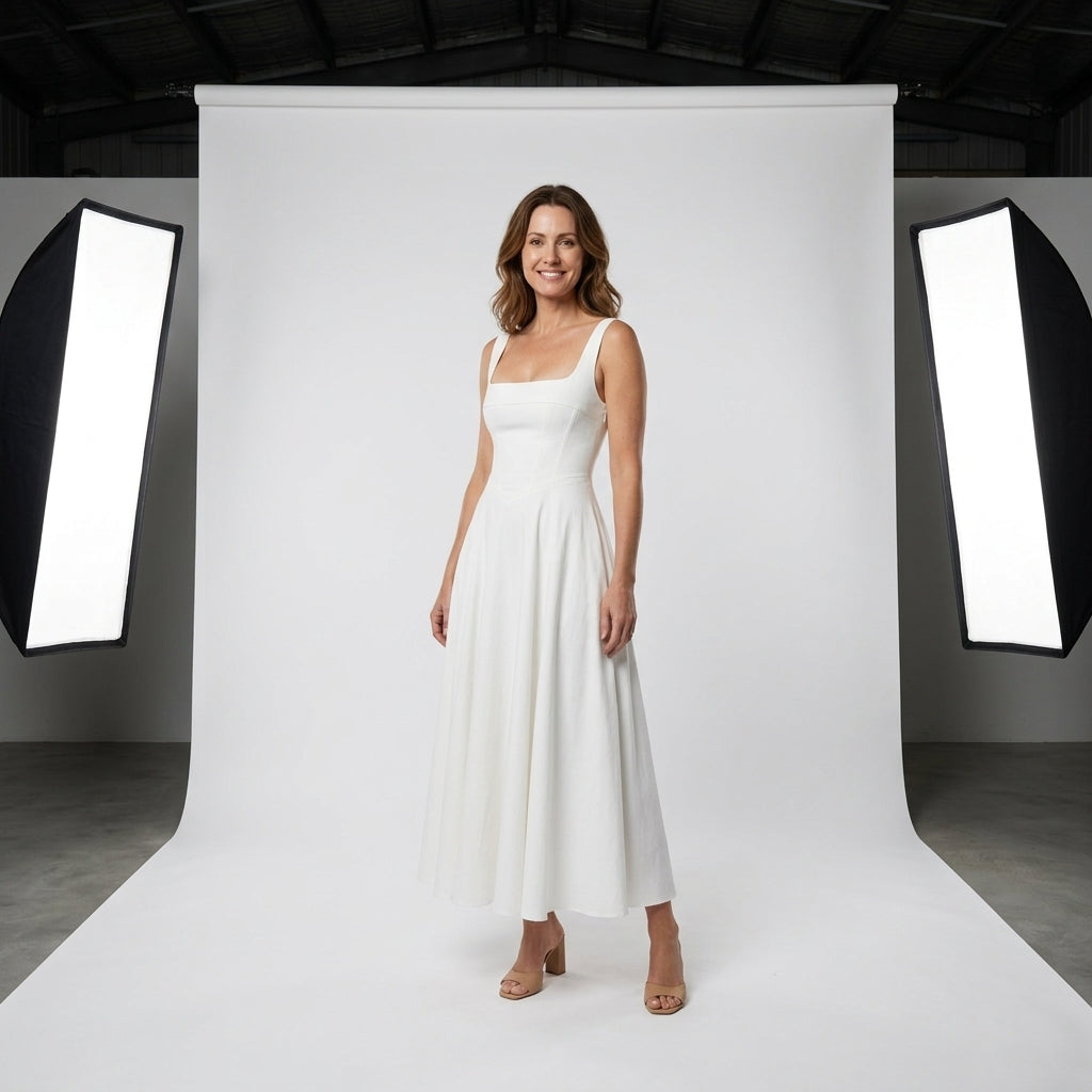 Vestido blanco sin mangas con escote cuadrado y falda midi acampanada.