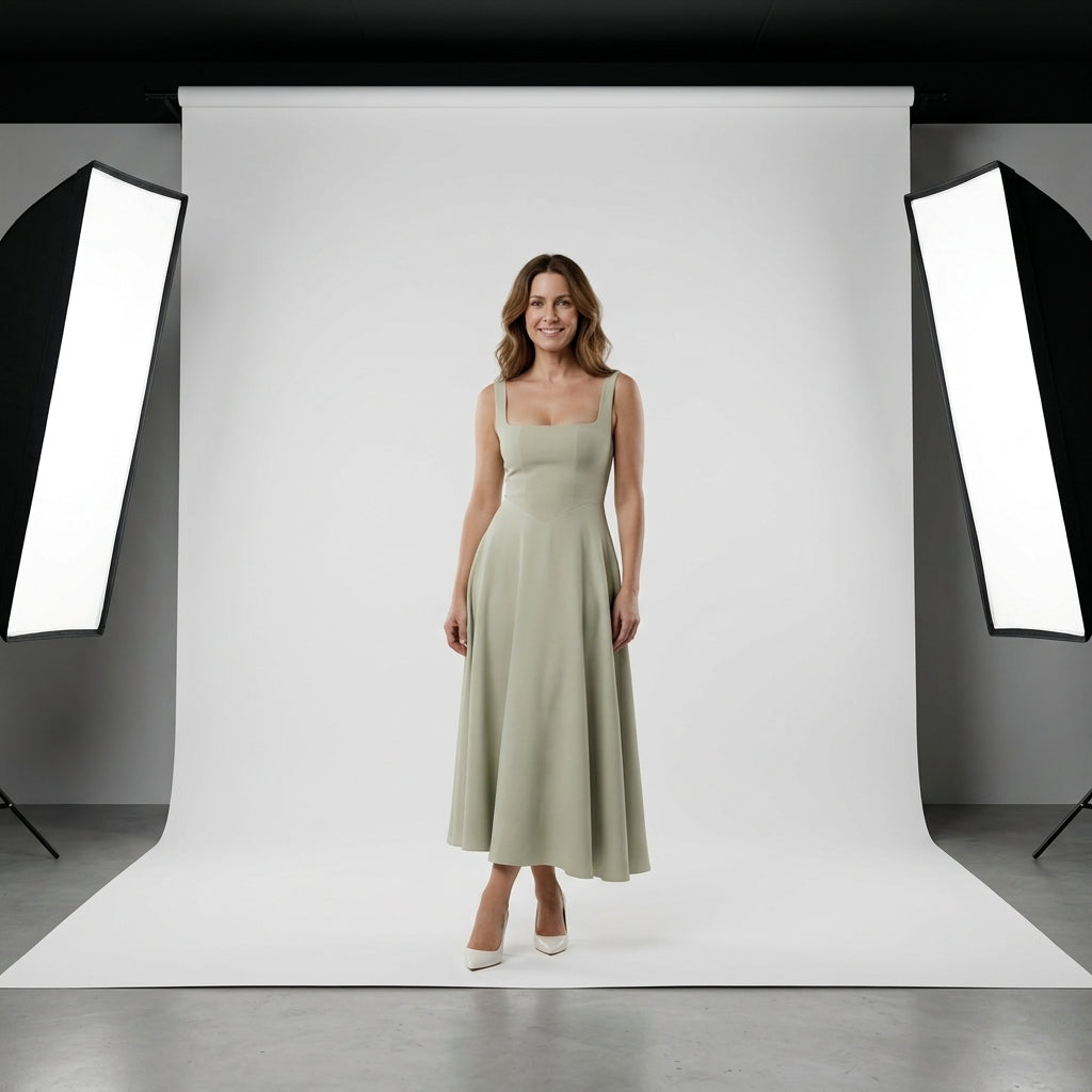 Vestido sin mangas verde con escote cuadrado y falda midi acampanada.