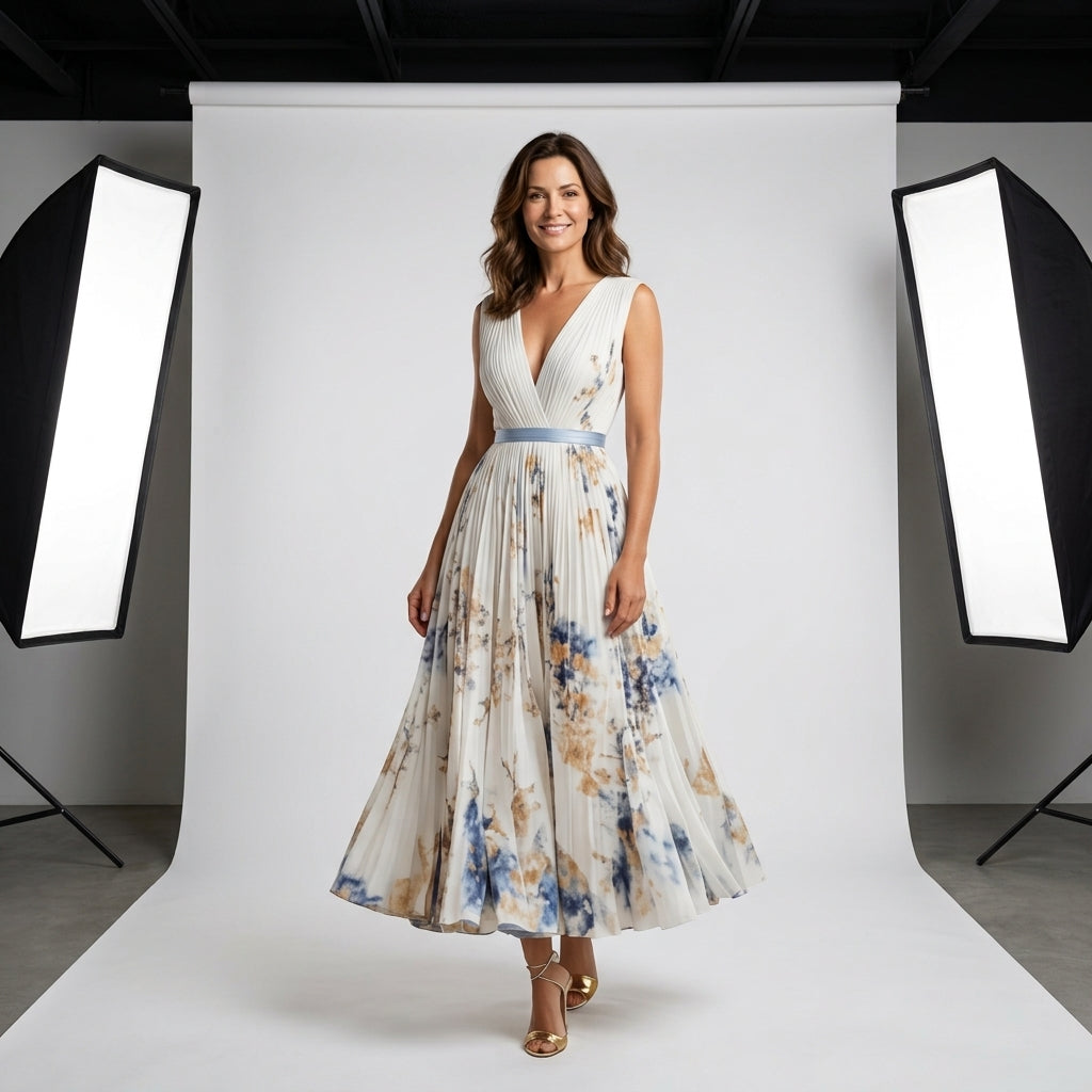 Vestido Soleil sin mangas con escote en V cruzado, falda plisada estampada azul sobre claro