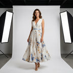 Vestido Soleil sin mangas con escote en V cruzado, falda plisada estampada azul sobre claro