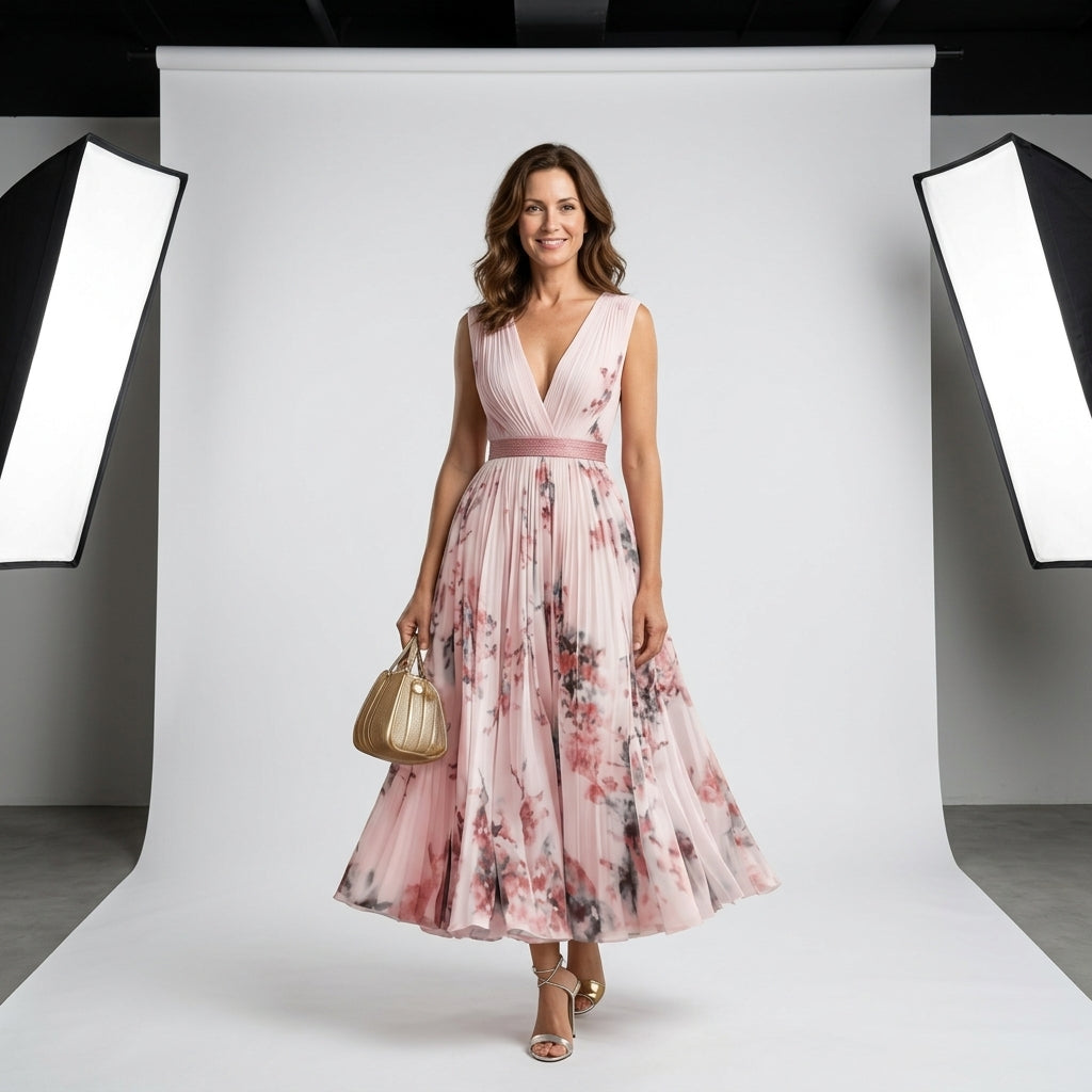 Vestido Soleil sin mangas con escote cruzado y falda plisada, estampado rosa