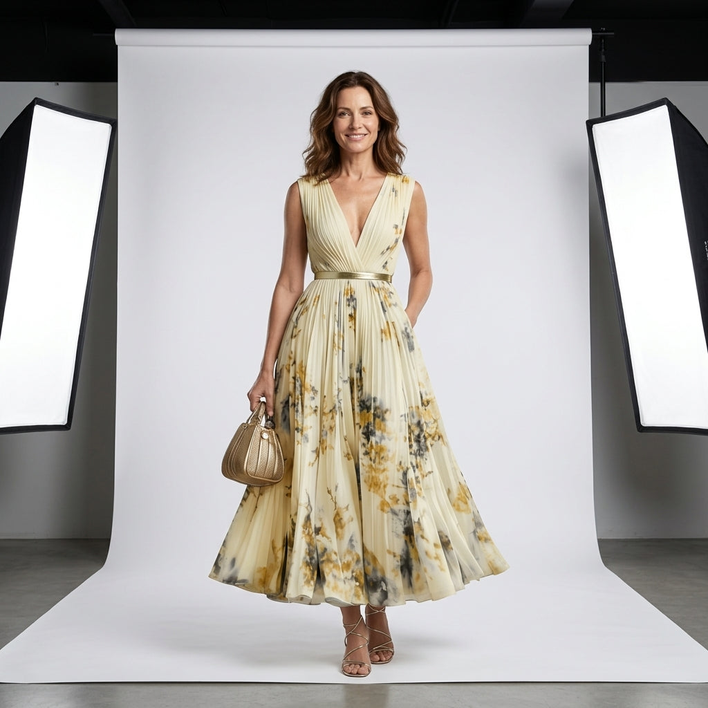 Vestido Soleil sin mangas con escote cruzado, falda plisada y estampado amarillo