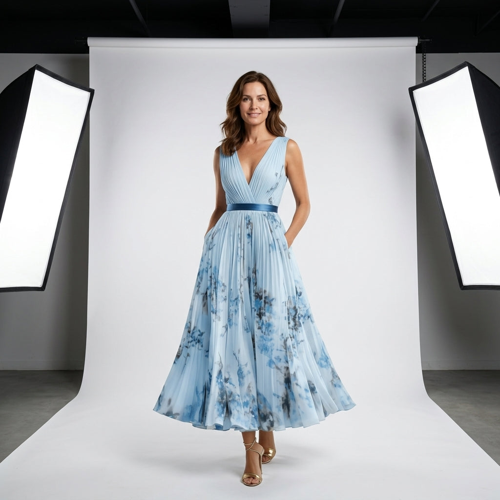 Vestido Soleil sin mangas con escote en V cruzado y falda plisada estampada azul