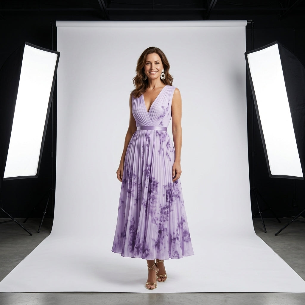 Vestido Soleil sin mangas con escote cruzado y falda plisada, estampado lila