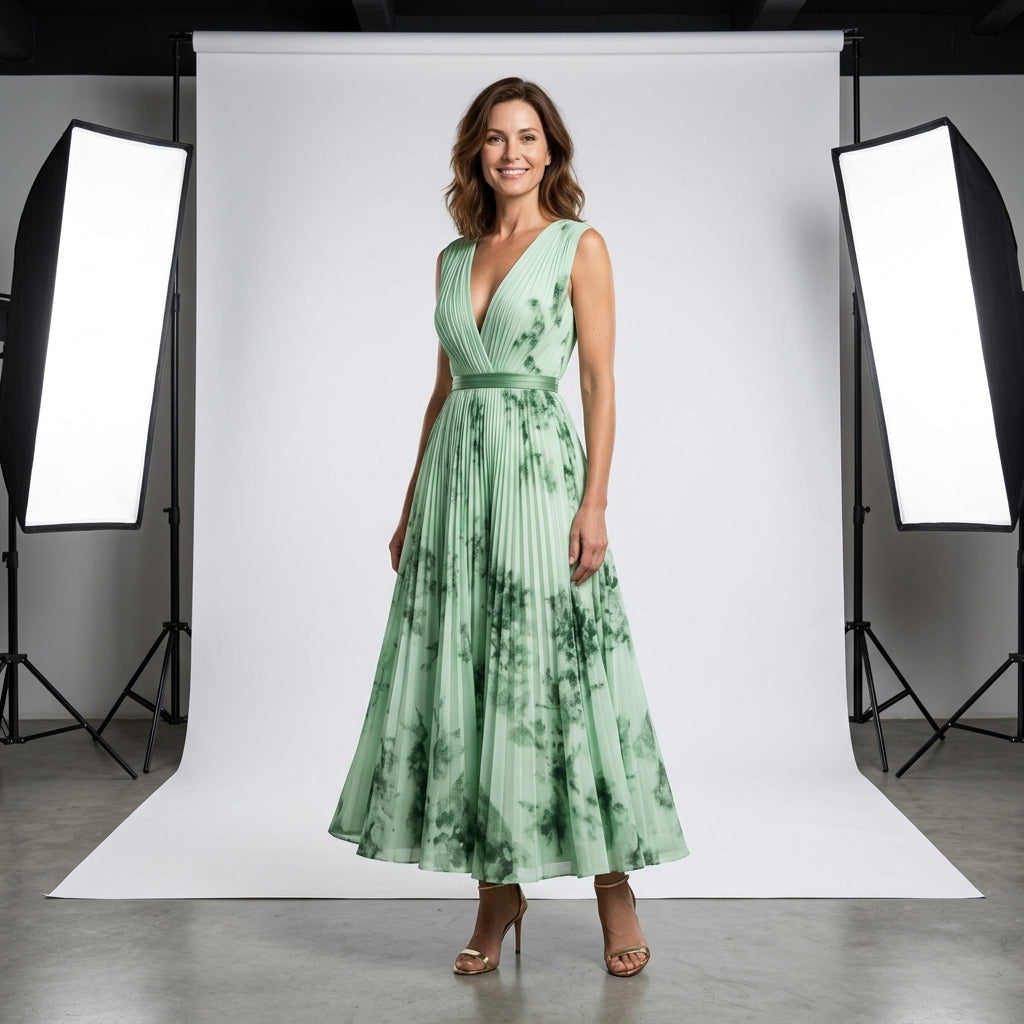 Vestido Soleil sin mangas, escote en V cruzado, falda plisada con estampado verde