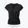 Blusa negra de cuello en V cruzado y manga corta, frunce lateral en la cintura