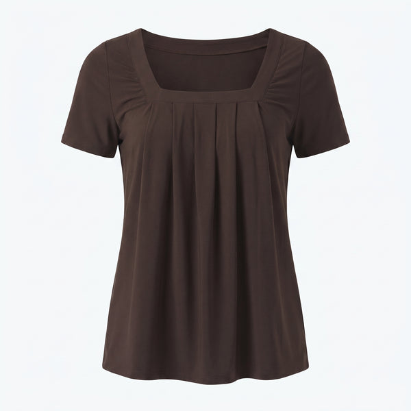 Blusa marrón de manga corta y escote cuadrado con panel fruncido y caída suelta
