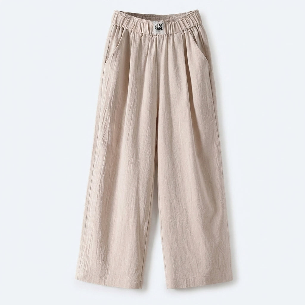 Pantalón relajado beige claro de lino y algodón, cintura elástica y pernera recta