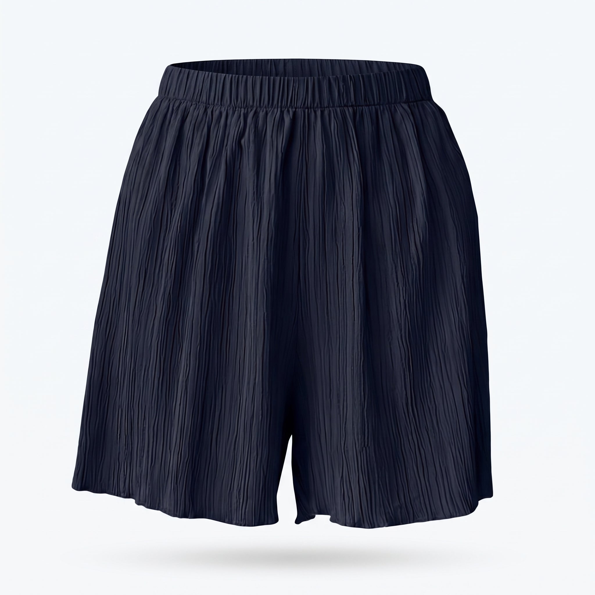 Shorts azul marino de pliegues verticales y cintura elástica ancha
