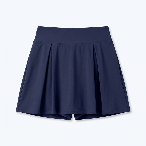 Falda corta interior azul marino con pliegues laterales y dobladillo suelto