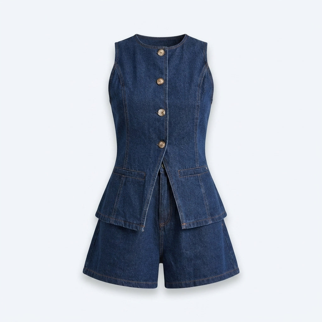 Chaleco vaquero sin mangas con botones y short a juego; bolsillos laterales
