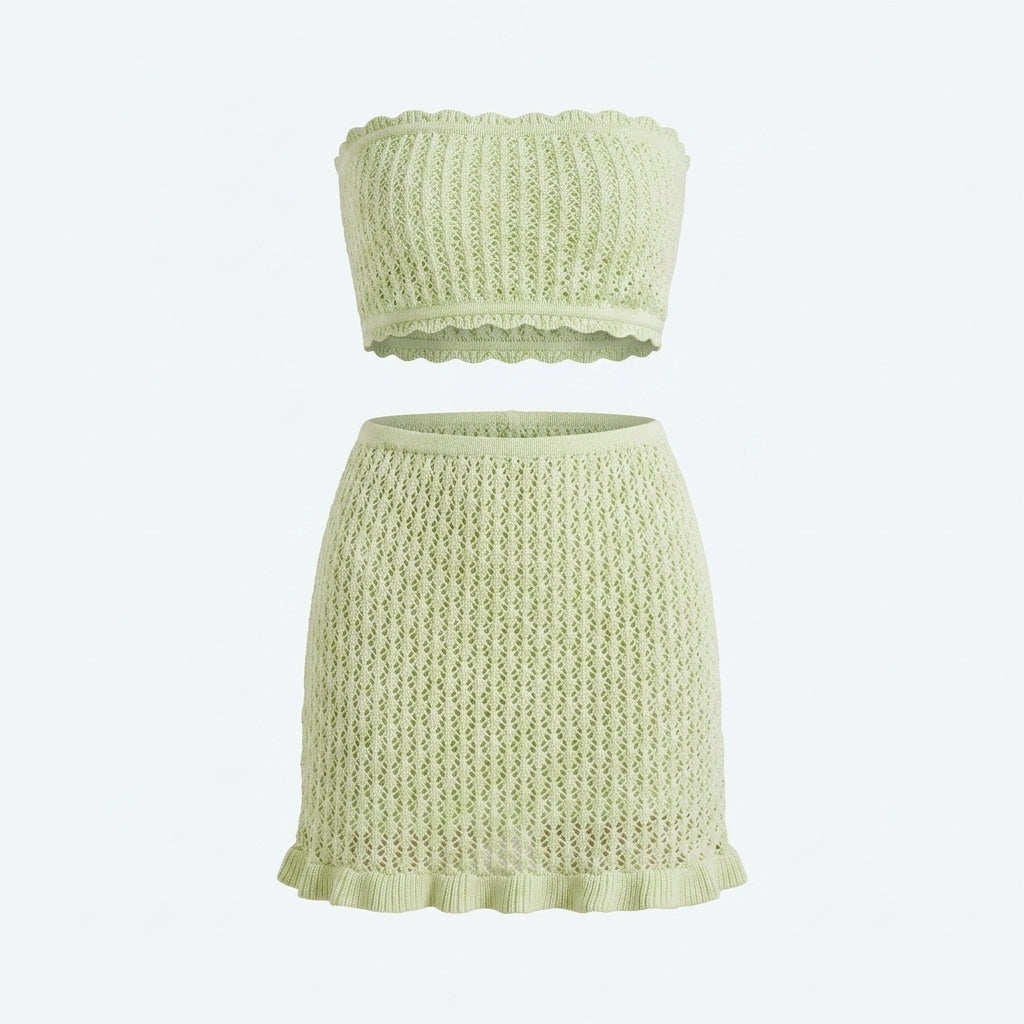 Conjunto de top bandeau y falda corta de punto calado verde, conjunto plano