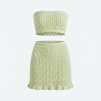 Conjunto de top bandeau y falda corta de punto calado verde, conjunto plano