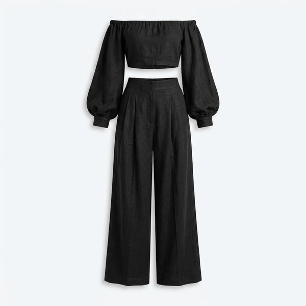Conjunto de lino negro en plano: top sin tirantes y pantalón pernera ancha