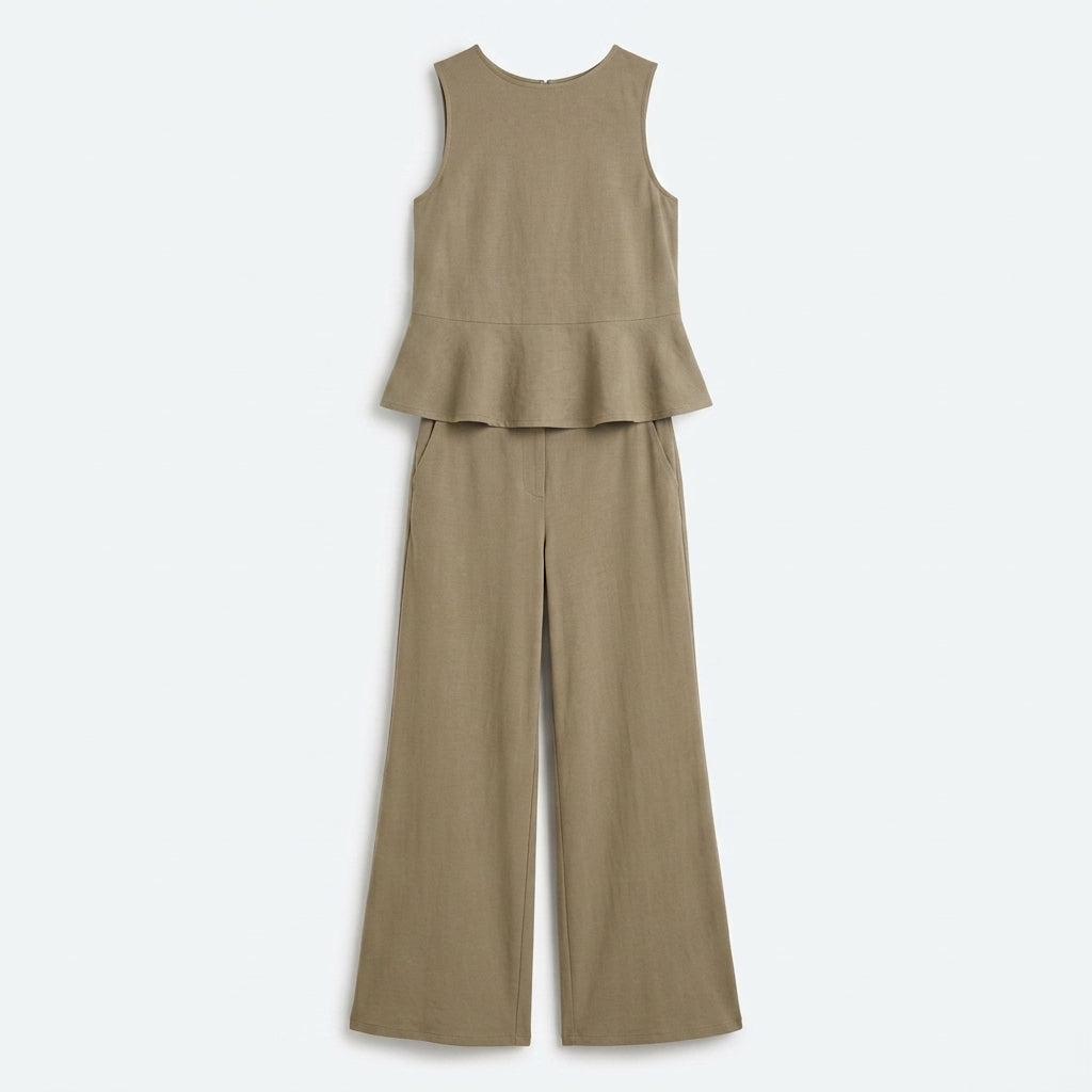 Conjunto de lino beige: blusa sin mangas con volante y pantalón de pernera ancha