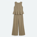 Conjunto de lino beige: blusa sin mangas con volante y pantalón de pernera ancha