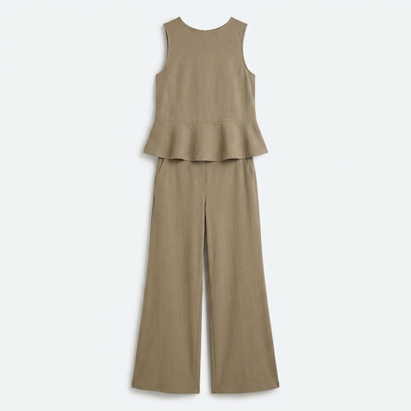 Conjunto de lino beige: blusa sin mangas con volante y pantalón de pernera ancha