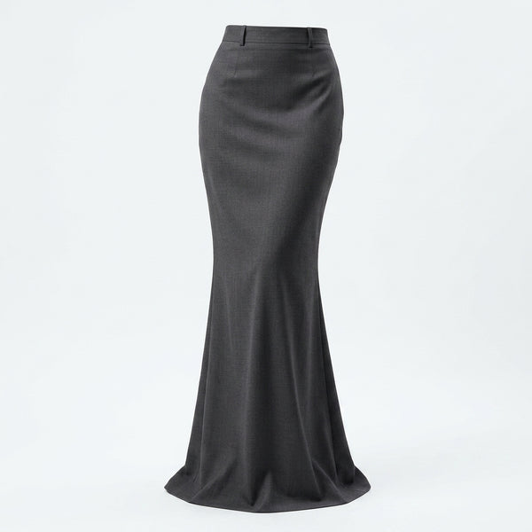 Falda maxi gris, silueta sirena y dobladillo recto visto de lado