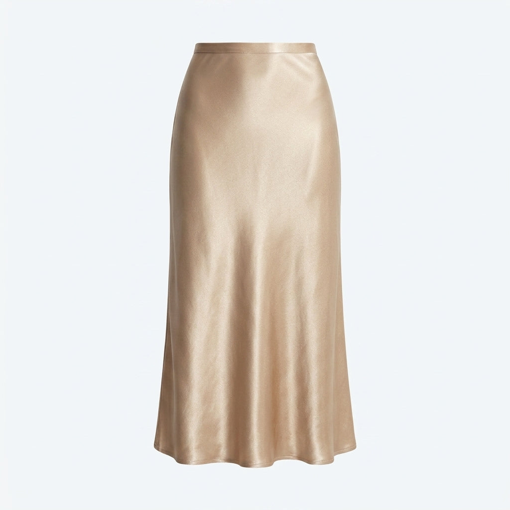 Falda midi satinada color champagne, vista frontal lisa con dobladillo inferior