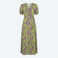 Vestido midi verde lima con estampado morado, mangas abullonadas y cordón fruncido en cintura.