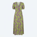 Vestido midi verde lima con estampado morado, mangas abullonadas y cordón fruncido en cintura.