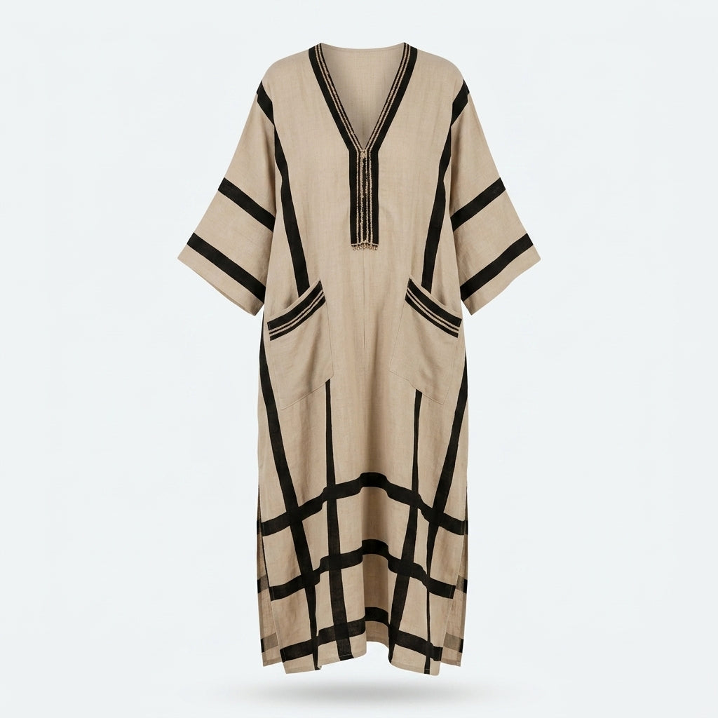 Caftán beige con patrón de cuadros negros y escote en V con flecos