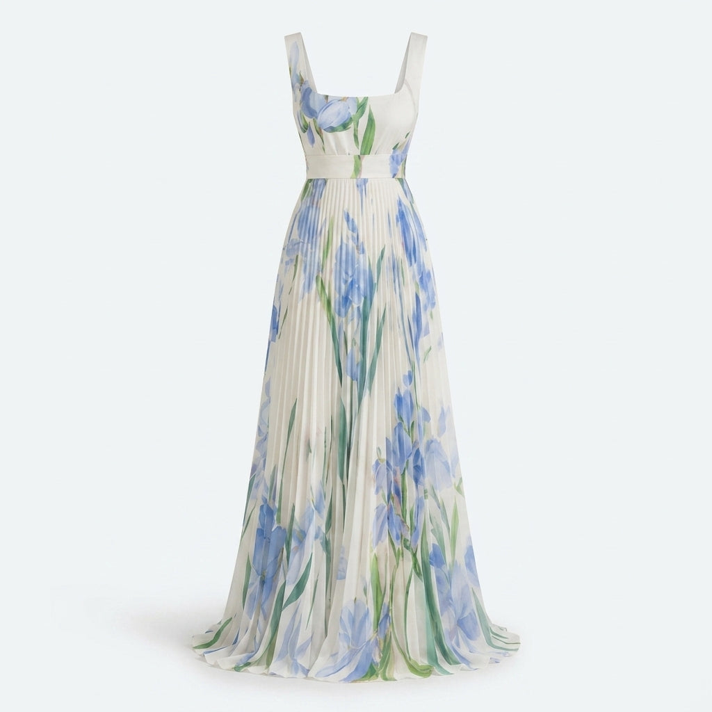 Vestido largo sin mangas con estampado floral azul y verde sobre fondo claro