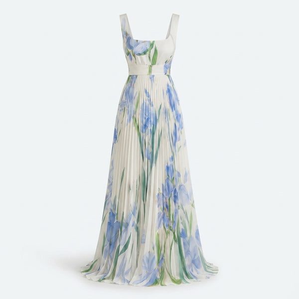 Vestido largo sin mangas con estampado floral azul y verde sobre fondo claro