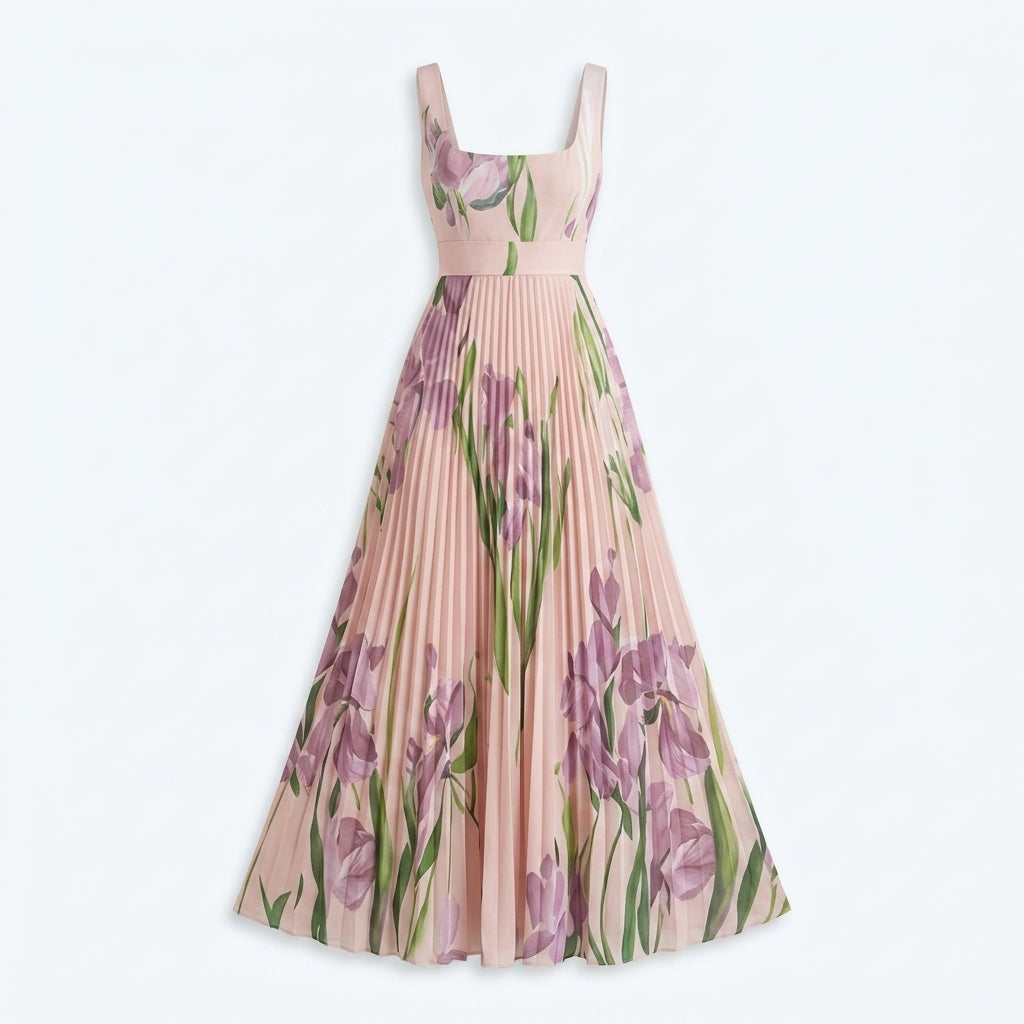 Vestido largo sin mangas con estampado floral lila sobre fondo rosa a rayas
