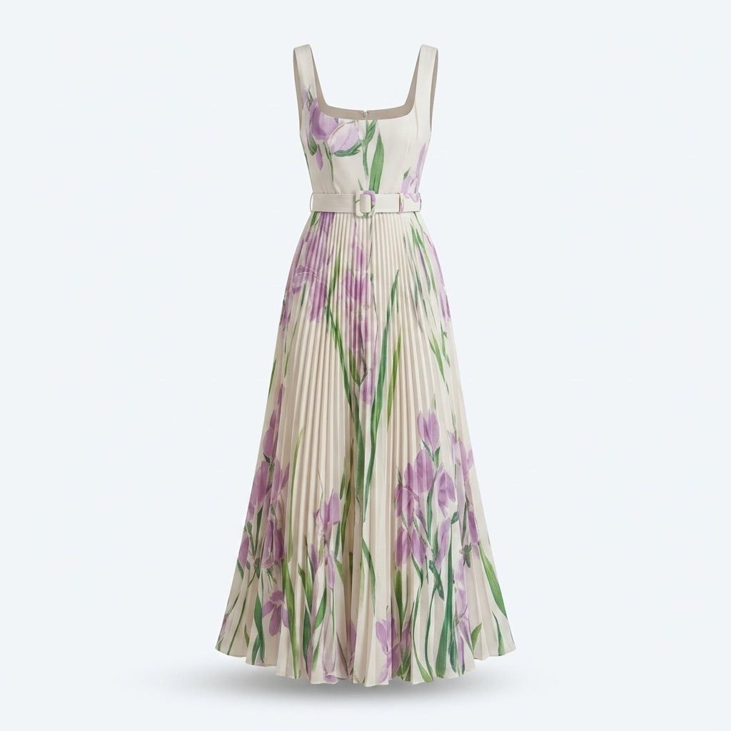 Vestido largo sin mangas con estampado floral verde y lila y falda plisada
