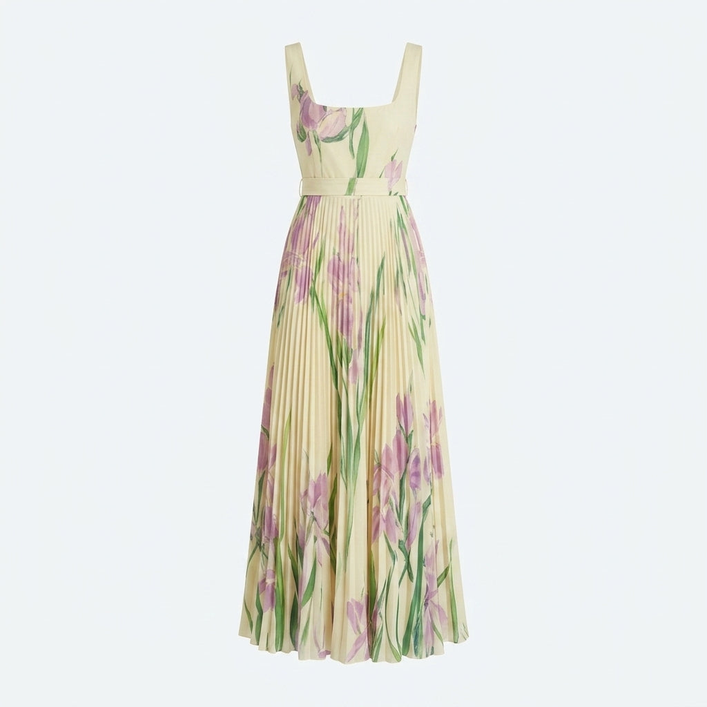 Vestido floral de tirantes anchos, falda acampanada plisada, base amarilla y rosa