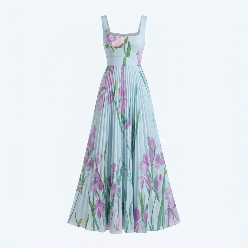 Vestido floral de tirantes anchos, falda acampanada plisada, base azul claro y lila