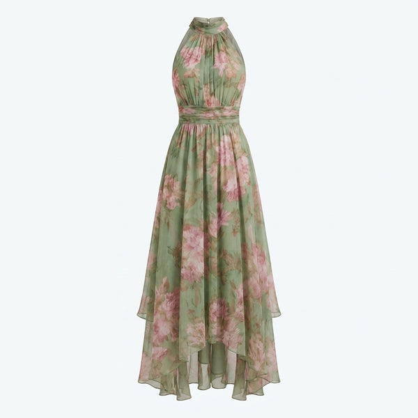 Vestido midi-largo con estampado floral en verde y rosa, cuello alto y falda en capas.