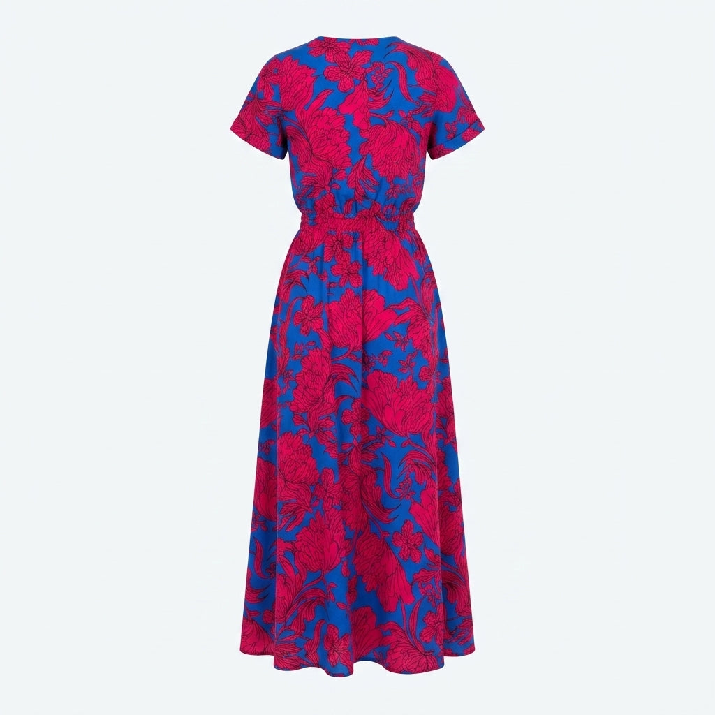 Vestido midi azul con estampado floral fucsia y lazo en la cintura