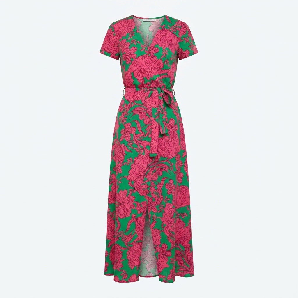 Vestido midi verde con estampado floral rosa y lazo ajustable en la cintura