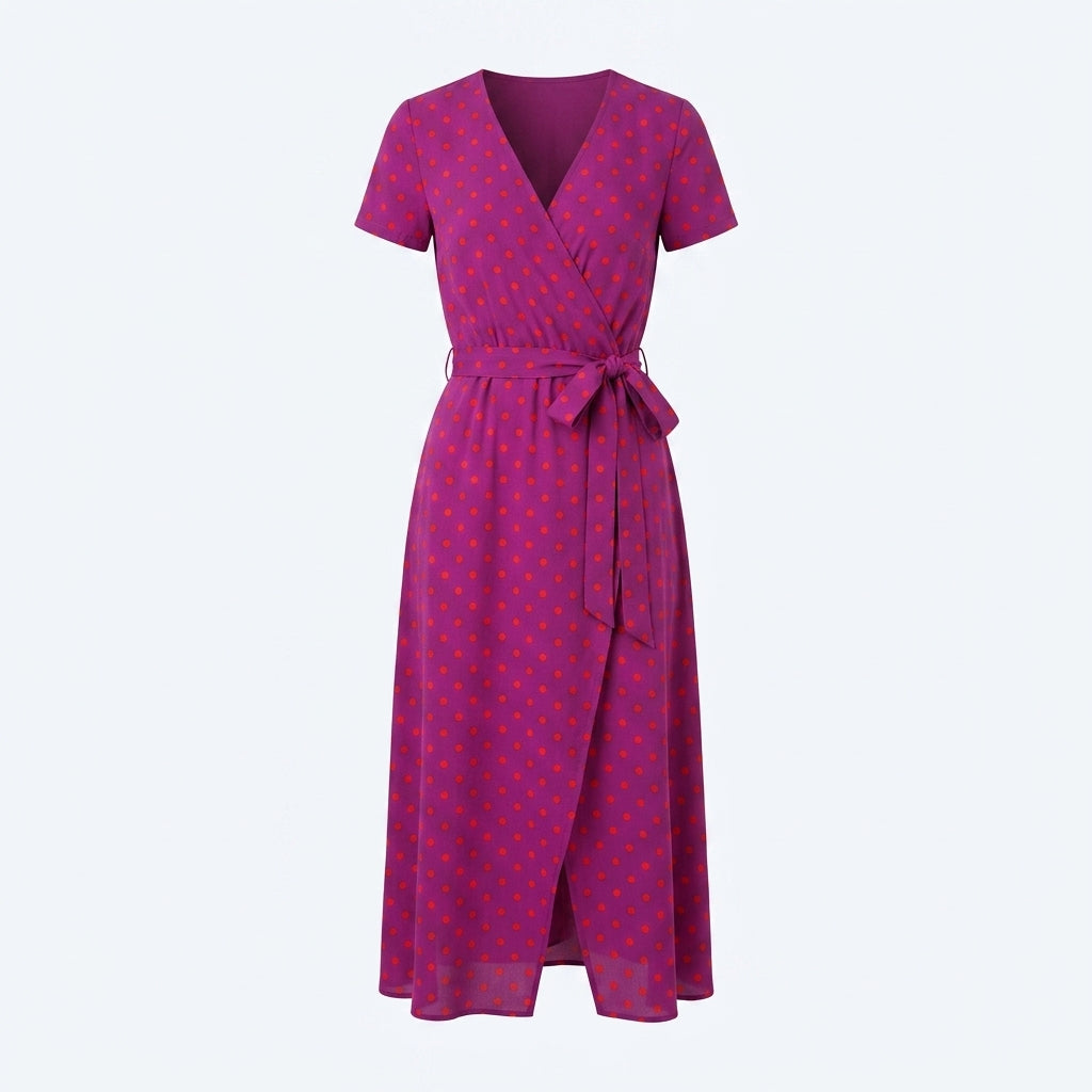 Vestido midi morado con estampado de lunares y lazo en la cintura
