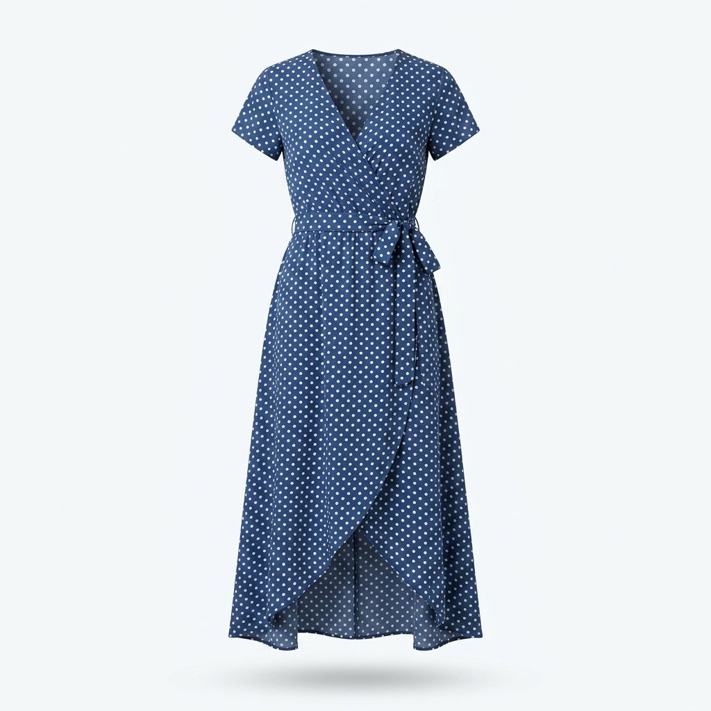 Vestido Fleur d'Été azul con lunares blancos, escote en V y lazo en la cintura