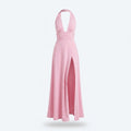 Vestido Élysée rosa con escote halter y abertura frontal